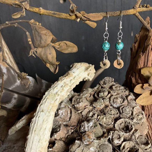 Chrysocolla & Crinoid Fossil (Indian Bead) Sterling Silver 9.25 Earrings - Picture 1 of 5